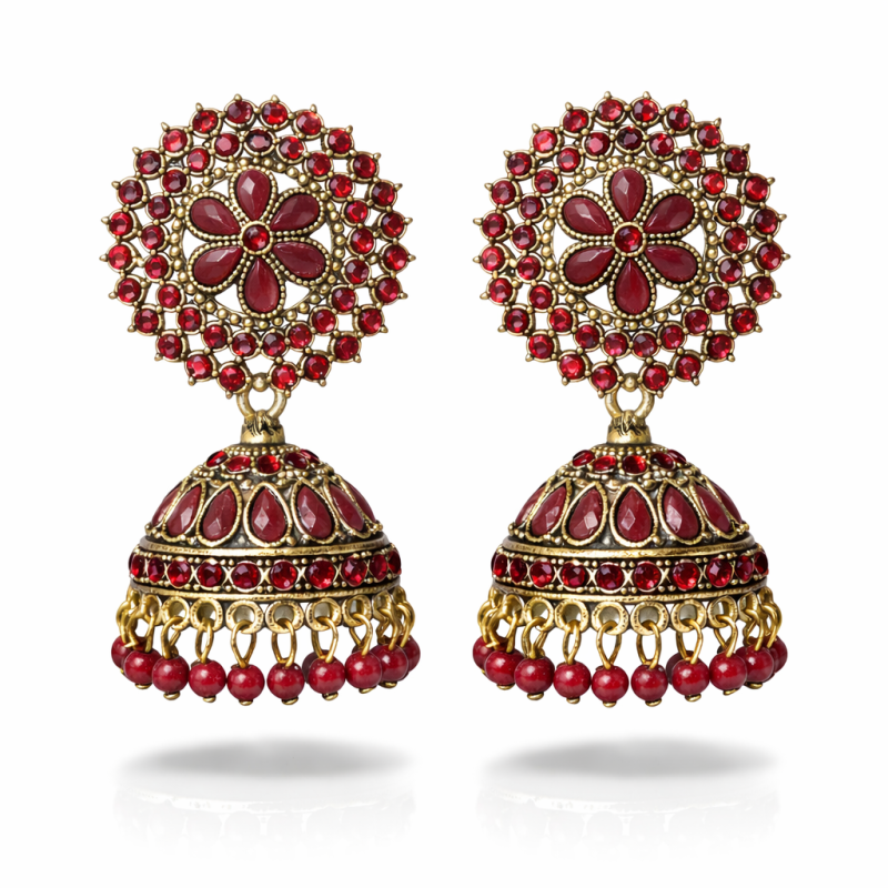 Traditional Red Stone Studded Jhumka Earrings