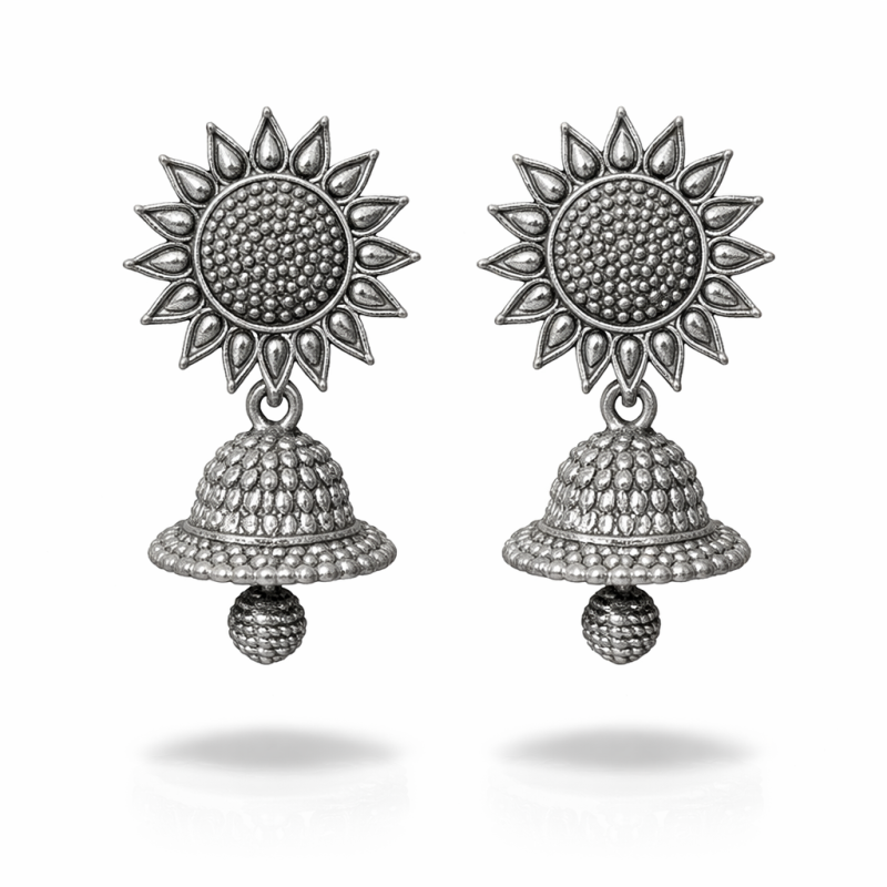 Oxidised Silver Sunflower Jhumka Earrings for Women