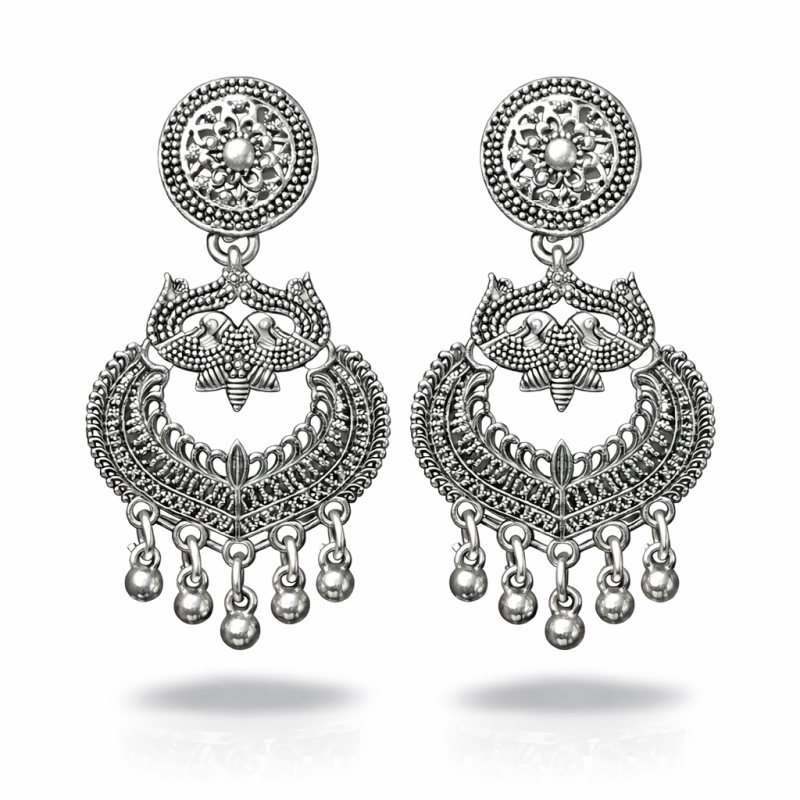 Oxidised Silver Peacock Tribal Dangler Earrings for Women