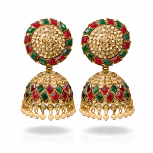 Traditional Gold Plated Kundan Jhumka Earrings with Red & Green Stones