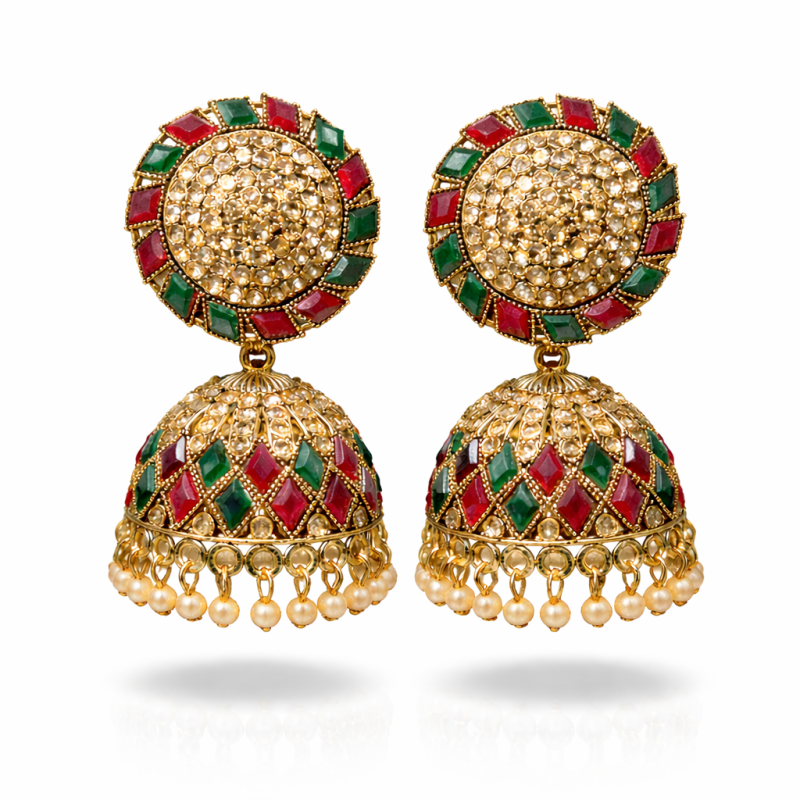 Traditional Gold Plated Kundan Jhumka Earrings with Red & Green Stones