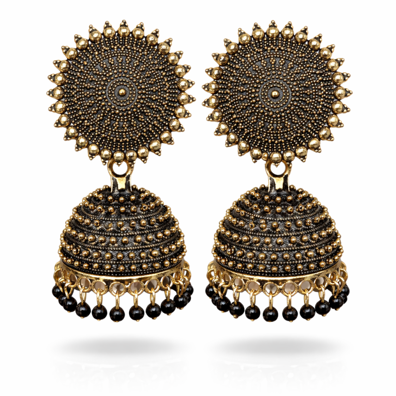 Antique Gold Black Beaded Traditional Jhumka Earrings