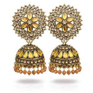 Antique Gold Yellow Kundan Jhumka Earrings with Bead Drops