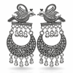 Oxidised Silver Bird Motif Tribal Earrings with Dangling Bells