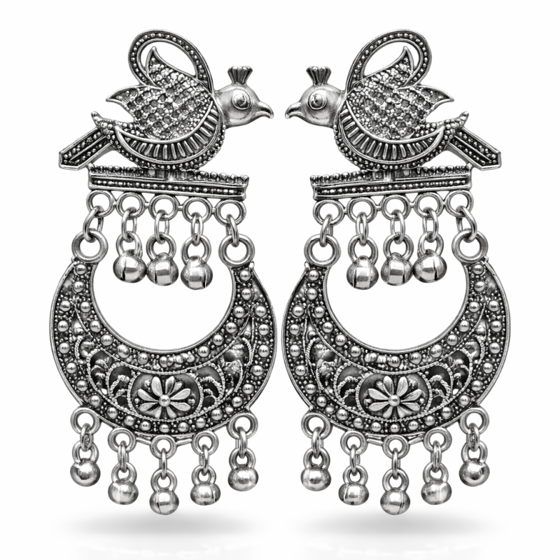 Oxidised Silver Bird Motif Tribal Earrings with Dangling Bells