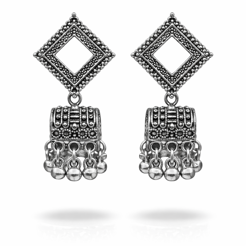 Oxidised Silver Square Drop Tribal Earrings with Ghungroo Bells