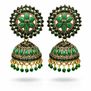 Gold-Plated Green Kundan Floral Jhumka Earrings with Bead Drops