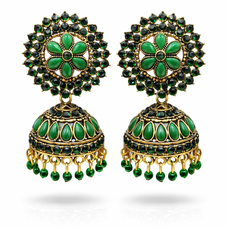 Gold-Plated Green Kundan Floral Jhumka Earrings with Bead Drops