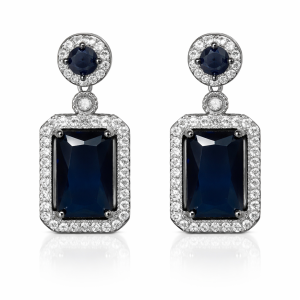 Silver Blue Stone Rectangular Drop Earrings