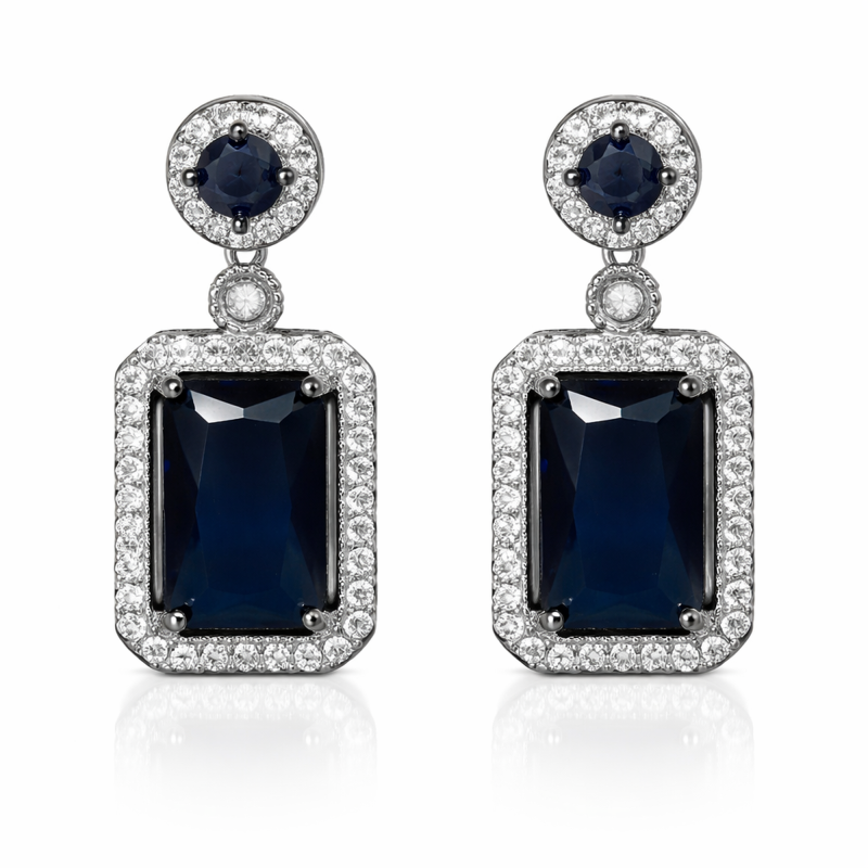 Silver Blue Stone Rectangular Drop Earrings