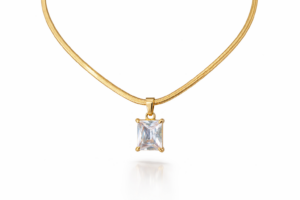 Gold Flat Snake Chain Necklace with Square Crystal Pendant for Women