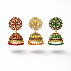 Gold-Plated Kundan Floral Jhumka Earrings – 3 Pc Festive Combo Set
