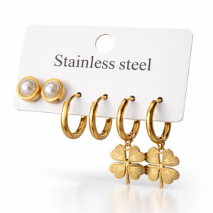 Gold Stainless Steel 3-Pair Earrings Set with Pearl Studs & Clover Hoops