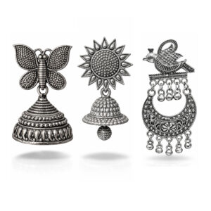 Oxidised Silver Jhumka Combo – 3 Unique Ethnic Earrings Set