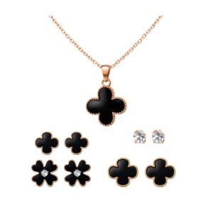Black Clover Pendant Necklace & Stud Earrings Set for Women