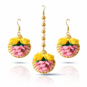 Pink & Yellow Floral Necklace & Earrings Jewellery Set for Women
