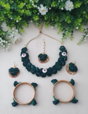 Dark Green Floral Haldi Jewellery Set with Necklace, Earrings & Bangles for Women