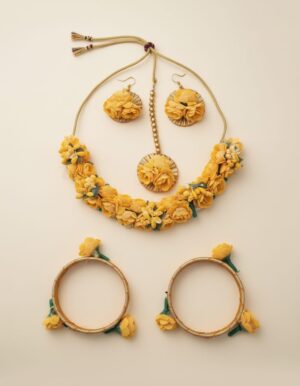 Yellow Floral Haldi Jewellery Set with Necklace, Earrings & Bangles for Women